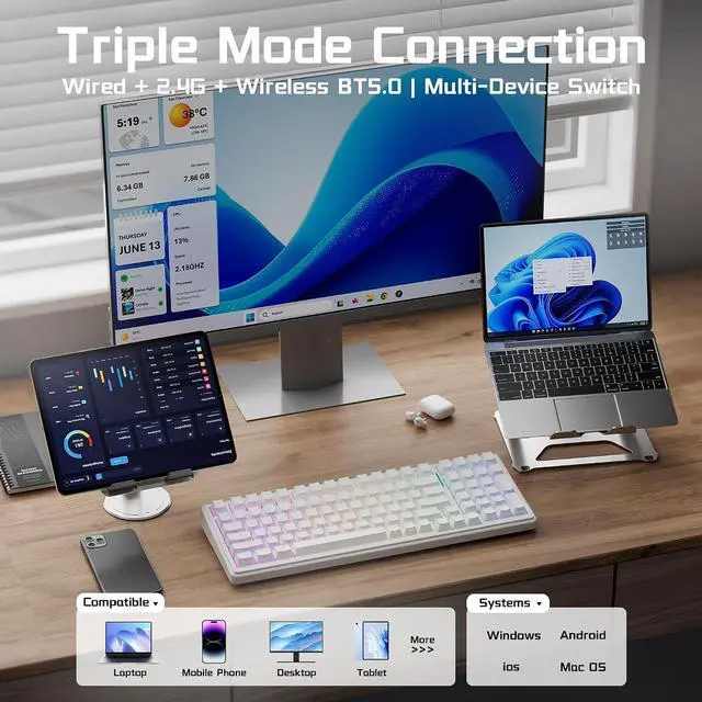 Alt view image 3 of 7 - Aula F99 Wireless Mechanical Keyboard, BT5.0/2.4GHz/USB-C, Gasket Mounted Creamy Linear Switches Pre-lubed, Side Printed PBT Keycaps, RGB Backlit Hot Swappable Gaming Keyboard for Win/Mac