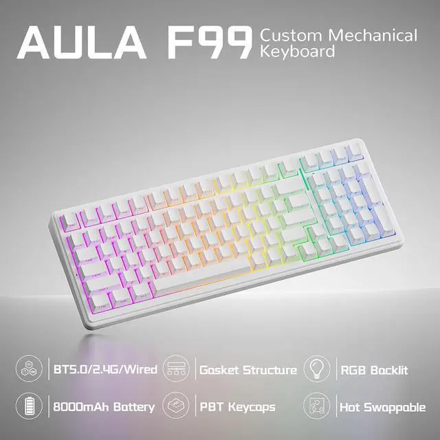 Alt view image 2 of 7 - Aula F99 Wireless Mechanical Keyboard, BT5.0/2.4GHz/USB-C, Gasket Mounted Creamy Linear Switches Pre-lubed, Side Printed PBT Keycaps, RGB Backlit Hot Swappable Gaming Keyboard for Win/Mac