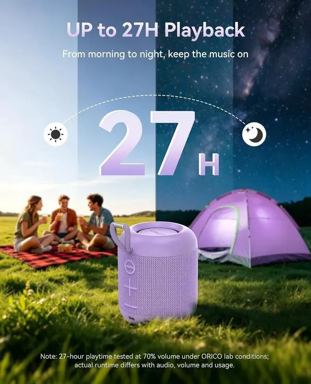 Alt view image 2 of 7 - Portable Bluetooth Speaker, 27H Playtime, IPX5, Wireless, Small | Bluetooth 6.0, TWS Pairing, HiFi Sound, Beach Essentials for Home, Outdoor, Camping and Travel, Purple - BG01