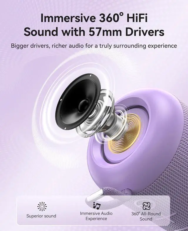 Alt view image 3 of 7 - Portable Bluetooth Speaker, 27H Playtime, IPX5, Wireless, Small | Bluetooth 6.0, TWS Pairing, HiFi Sound, Beach Essentials for Home, Outdoor, Camping and Travel, Purple - BG01