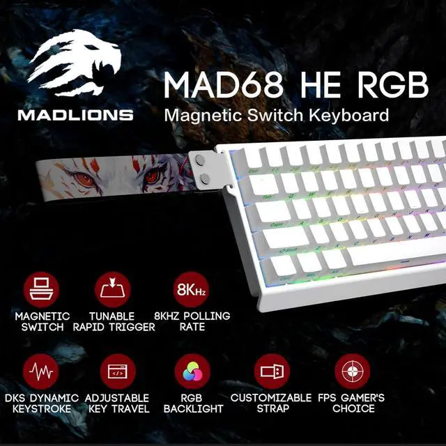 Alt view image 2 of 7 - MAD 68 HE Rapid Trigger Gaming Keyboard,65% Hall Effect Magnetic Switch Keyboard with Adjustable Actuation Hot Swap Wired Mechanical Keyboard Side Printed PBT Keycaps,Custom Software (White)