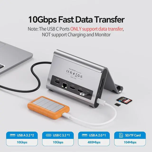 Alt view image 6 of 7 - MacBook Pro Docking Station Dual Monitor 4K@60Hz for MacBook Pro/Air M3 Pro/M4/M5, USB C Docking Station Stand Laptop Dock with 2 HDMI, PD, Ethernet, USB A/C 10Gbps, Audio, SD/TF, USB 2.0