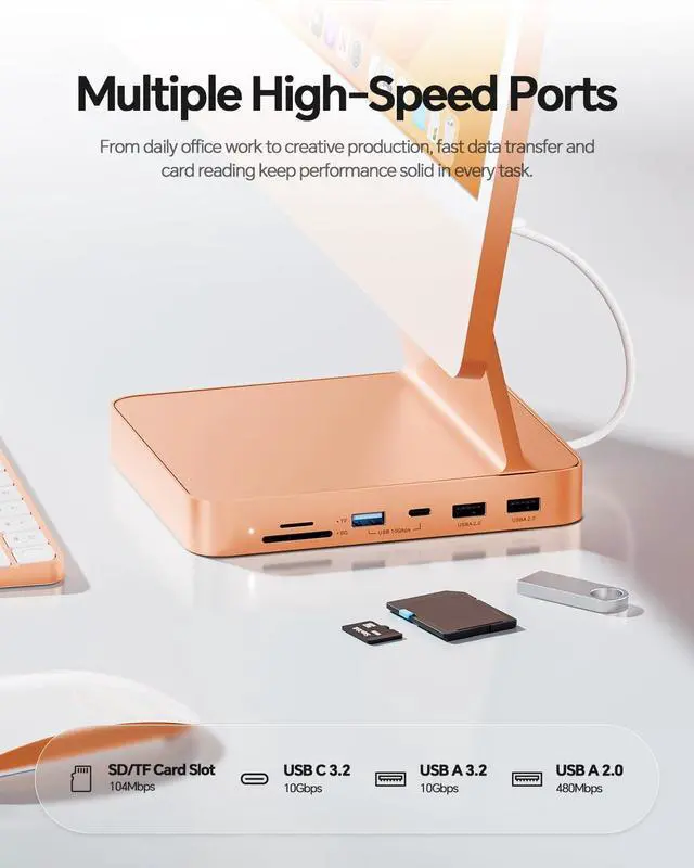 Alt view image 3 of 7 - USB C HUB for iMac 24 inch 2021/2023/2024, USB Hub Adapter iMac Accessories for iMac M1/M3/M4 with USB C 10Gbps 3*USB A SD/TF, Docking Station Support Expand M.2 SSD (Not Included), Orange
