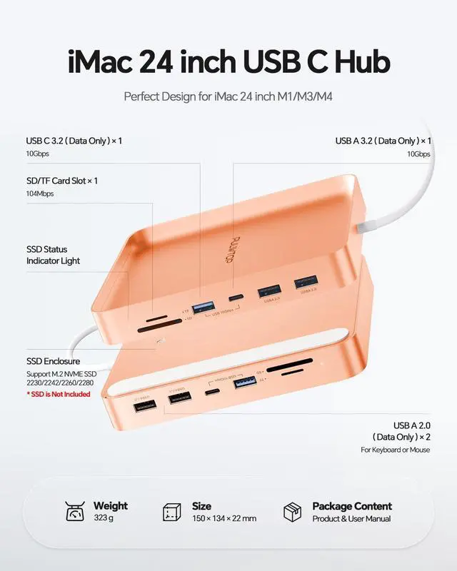 Alt view image 2 of 7 - USB C HUB for iMac 24 inch 2021/2023/2024, USB Hub Adapter iMac Accessories for iMac M1/M3/M4 with USB C 10Gbps 3*USB A SD/TF, Docking Station Support Expand M.2 SSD (Not Included), Orange