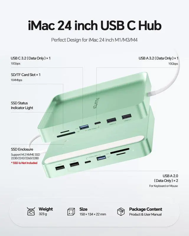 Alt view image 2 of 7 - USB C HUB for iMac 24 inch 2021/2023/2024, USB Hub Adapter iMac Accessories for iMac M1/M3/M4 with USB C 10Gbps 3*USB A SD/TF, Docking Station Support Expand M.2 SSD (Not Included), Green