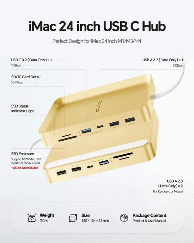 Alt view image 2 of 7 - USB C HUB for iMac 24 inch 2021/2023/2024, USB Hub Adapter iMac Accessories for iMac M1/M3/M4 with USB C 10Gbps 3*USB A SD/TF, Docking Station Support Expand M.2 SSD (Not Included),Yellow