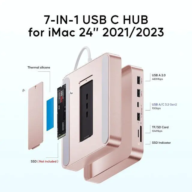 Alt view image 2 of 7 - USB C HUB for iMac 24 inch 2021/2023, USB Hub Adapter iMac Accessories for M1/M3 with USB C 10Gbps 3*USB A SD/TF, Docking Station Support Expand M.2 SSD (Not Included), Color not for i.Mac M4