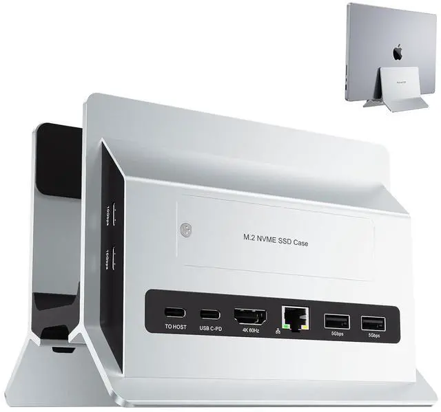Main image of Vertical MacBook Docking Station, Docking Station for Mac mini with M.2 NVMe case for MacBook Pro/Air, 4K@60Hz HDMI, 2USB C 10Gbps, SD/TF, 100W PD, RJ45, 2 USB A for Windows Sliver