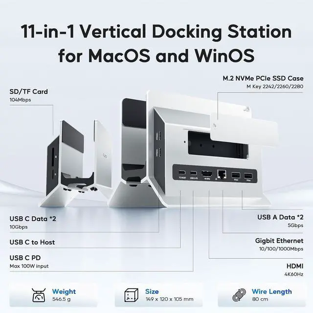 Alt view image 2 of 7 - Vertical MacBook Docking Station, Docking Station for Mac mini with M.2 NVMe case for MacBook Pro/Air, 4K@60Hz HDMI, 2USB C 10Gbps, SD/TF, 100W PD, RJ45, 2 USB A for Windows Sliver