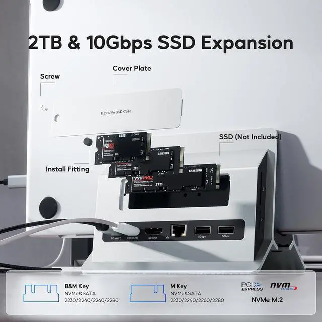 Alt view image 3 of 7 - Vertical MacBook Docking Station, Docking Station for Mac mini with M.2 NVMe case for MacBook Pro/Air, 4K@60Hz HDMI, 2USB C 10Gbps, SD/TF, 100W PD, RJ45, 2 USB A for Windows Sliver