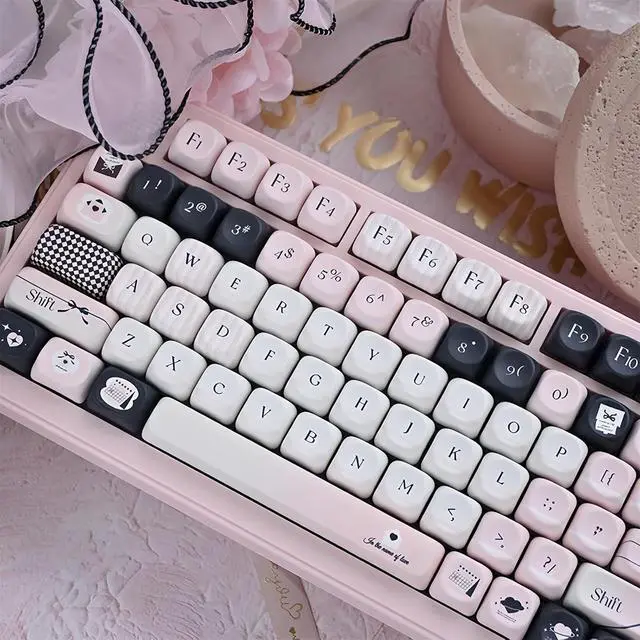Alt view image 5 of 7 - Pink and Black Keycaps,MOA Profile Cute Keycaps PBT Dye-Sub Kawaii Custom Full Size Keycap Set for Cherry MX Switch ANSI Layout 75% 60% Mechanical Gaming Keyboard DIY Creamy Key Cap (126Keys)
