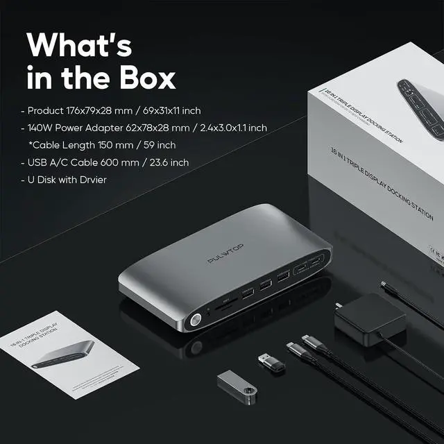 Alt view image 7 of 7 - DisplayLink Docking Station Triple Monitor with 140W Power Adapter, 4K@60Hz Laptop Docking USB C Dock for MacBook M1/M2/M3, Windows, 3xHDMI, 2xDisplayPort,5xUSB C/USB A Data/Charging