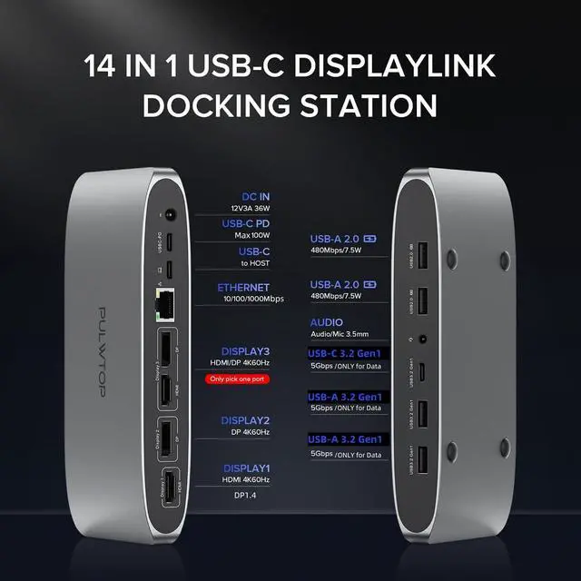 Alt view image 2 of 7 - Displaylink Docking Station, Triple Display DisplayLink Dock for MacBook M1/M2/M3 Windows, 4K@60Hz Laptop Docking Station with 2 HDMI, 2 Display Port, PD, USB C Data, 4 USBA, Ethernet, Audio