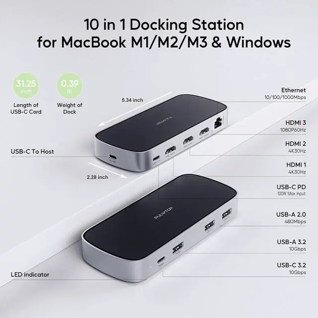 Alt view image 2 of 6 - 3 HDMI Triple USB C Docking Station, Laptop Docking Station Dual 4K Display for MacBook M1/M2/M3/Windows, Universal USB C Dock with Power Adapter, PD, 10Gbps USBC/A Data,2 USB-A 2.0, Ethernet