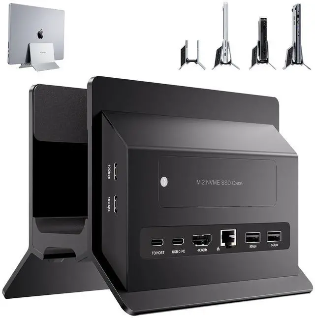 Main image of Vertical MacBook Docking Station, Docking Station for Mac mini with M.2 NVMe case for MacBook Pro/Air, 4K@60Hz HDMI, 2USB C 10Gbps, SD/TF, 100W PD, RJ45, 2 USB A for Windows Black