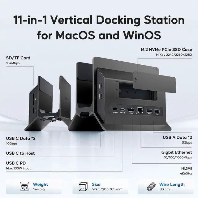 Alt view image 2 of 7 - Vertical MacBook Docking Station, Docking Station for Mac mini with M.2 NVMe case for MacBook Pro/Air, 4K@60Hz HDMI, 2USB C 10Gbps, SD/TF, 100W PD, RJ45, 2 USB A for Windows Black