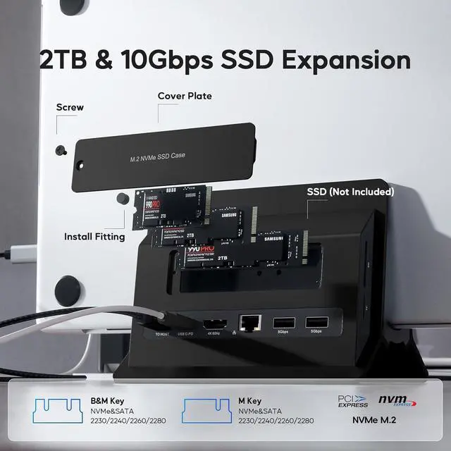Alt view image 3 of 7 - Vertical MacBook Docking Station, Docking Station for Mac mini with M.2 NVMe case for MacBook Pro/Air, 4K@60Hz HDMI, 2USB C 10Gbps, SD/TF, 100W PD, RJ45, 2 USB A for Windows Black