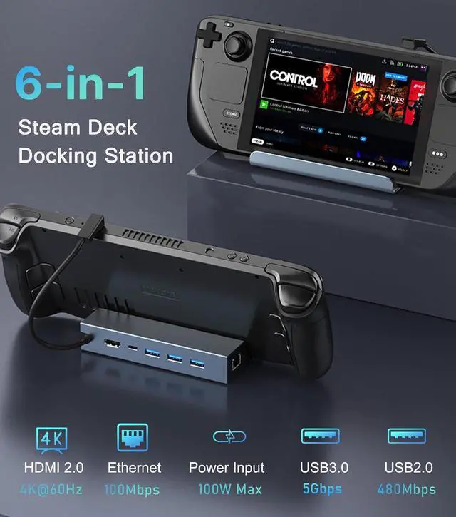 Alt view image 2 of 6 - Steam Deck Dock, Docking Station for Steam Deck/ROG Ally/Legion Go/MSI Claw/Nitro Deck/Steam Deck OLED, 6-in-1 USB C Dock with HDMI 4K UHD, 100Mbps RJ45 Ethernet, USB 3.0 and PD 100W Charging