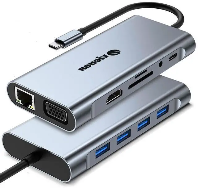 Main image of 11-in-1 USB C Hub, Laptop Docking Station with RJ45 Gigabit Ethernet, 4K HDMI, 1080P VGA, SD/Micro SD Card Reader, 3.5 mm Audio Aux Jack, PD 100W Charging, Full Functional USB C Dongle