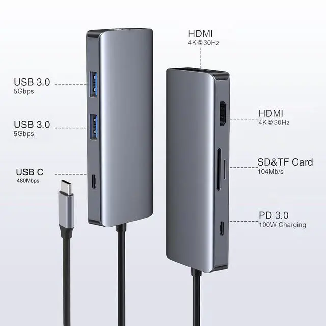 Alt view image 2 of 6 - Docking Station Dual Monitor, USB C Hub Dual HDMI Adapter for 2 Monitors with 2 4K HDMI, 2 USB 3.0 5Gbps, SD/TF Card Reader, PD 100W, USB C Ports Comaptible for MacBook, Dell, HP, Surface