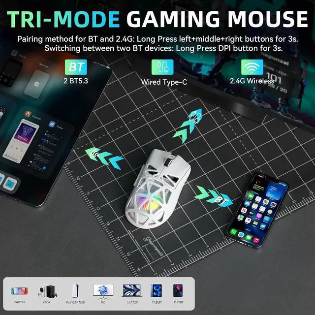 Alt view image 3 of 7 - Aula SC620 Wireless Gaming Mouse, Tri-Mode 2.4GHz/USB-C/BT5.3 Computer Mouse with 12000 DPI, Programmable Macro Gamer Mouse with Rapid Fire Key, RGB Light White Gaming Mice for PC/Laptop/Mac