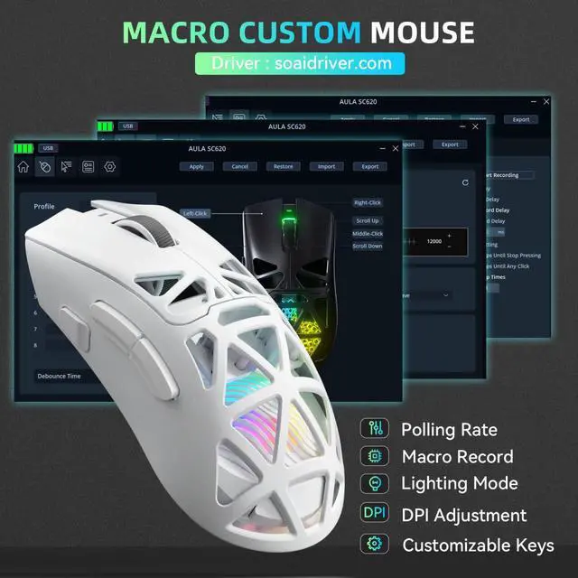 Alt view image 6 of 7 - Aula SC620 Wireless Gaming Mouse, Tri-Mode 2.4GHz/USB-C/BT5.3 Computer Mouse with 12000 DPI, Programmable Macro Gamer Mouse with Rapid Fire Key, RGB Light White Gaming Mice for PC/Laptop/Mac