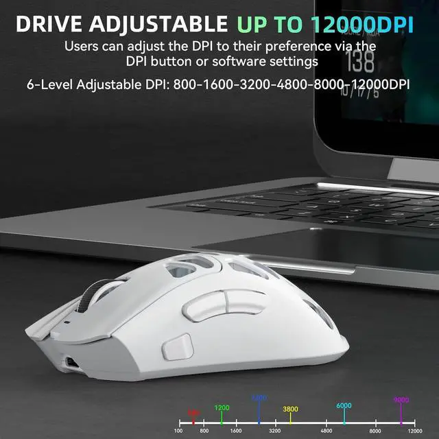 Alt view image 4 of 7 - Aula SC620 Wireless Gaming Mouse, Tri-Mode 2.4GHz/USB-C/BT5.3 Computer Mouse with 12000 DPI, Programmable Macro Gamer Mouse with Rapid Fire Key, RGB Light White Gaming Mice for PC/Laptop/Mac