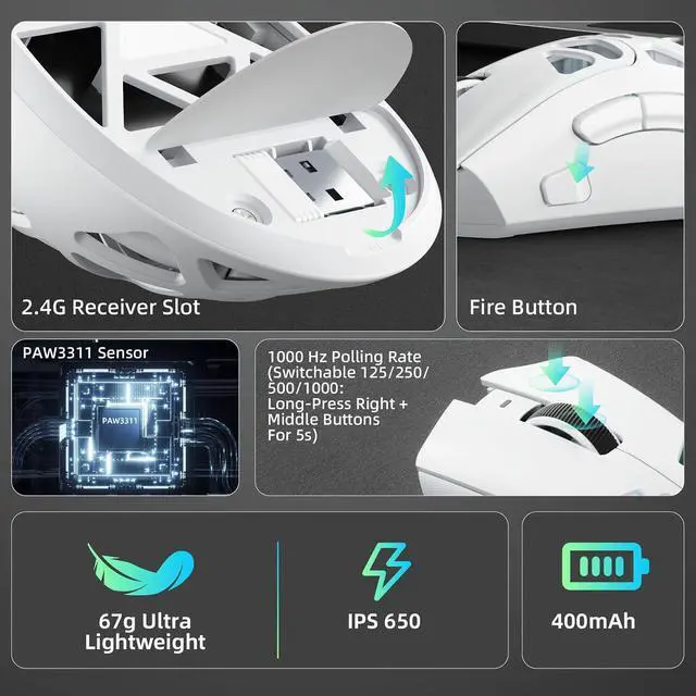 Alt view image 5 of 7 - Aula SC620 Wireless Gaming Mouse, Tri-Mode 2.4GHz/USB-C/BT5.3 Computer Mouse with 12000 DPI, Programmable Macro Gamer Mouse with Rapid Fire Key, RGB Light White Gaming Mice for PC/Laptop/Mac