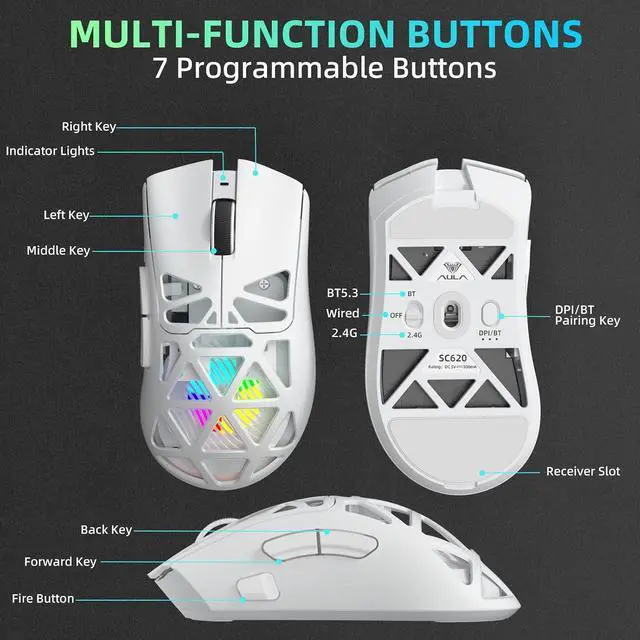 Alt view image 7 of 7 - Aula SC620 Wireless Gaming Mouse, Tri-Mode 2.4GHz/USB-C/BT5.3 Computer Mouse with 12000 DPI, Programmable Macro Gamer Mouse with Rapid Fire Key, RGB Light White Gaming Mice for PC/Laptop/Mac