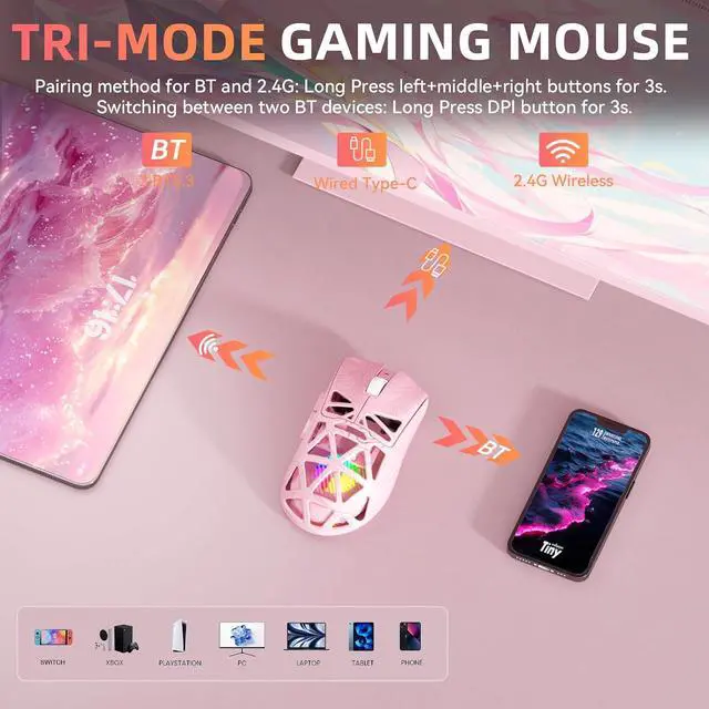 Alt view image 3 of 7 - Aula SC620 Wireless Gaming Mouse, Tri-Mode 2.4GHz/USB-C/BT5.3 Computer Mouse with 12000 DPI, Programmable Macro Gamer Mouse with Rapid Fire Key, RGB Light Gaming Mice for PC/Laptop/Mac (Line Pink)