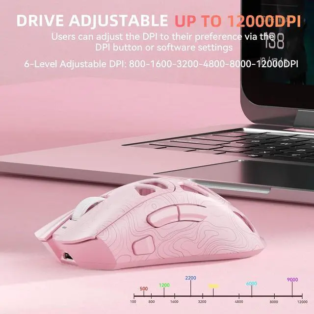 Alt view image 4 of 7 - Aula SC620 Wireless Gaming Mouse, Tri-Mode 2.4GHz/USB-C/BT5.3 Computer Mouse with 12000 DPI, Programmable Macro Gamer Mouse with Rapid Fire Key, RGB Light Gaming Mice for PC/Laptop/Mac (Line Pink)