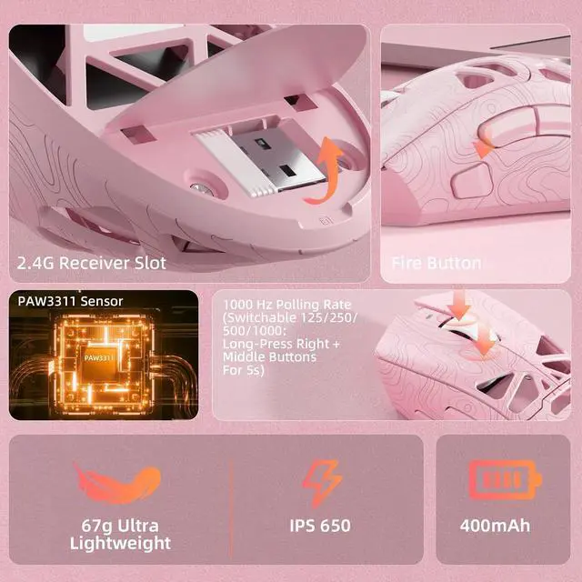Alt view image 5 of 7 - Aula SC620 Wireless Gaming Mouse, Tri-Mode 2.4GHz/USB-C/BT5.3 Computer Mouse with 12000 DPI, Programmable Macro Gamer Mouse with Rapid Fire Key, RGB Light Gaming Mice for PC/Laptop/Mac (Line Pink)