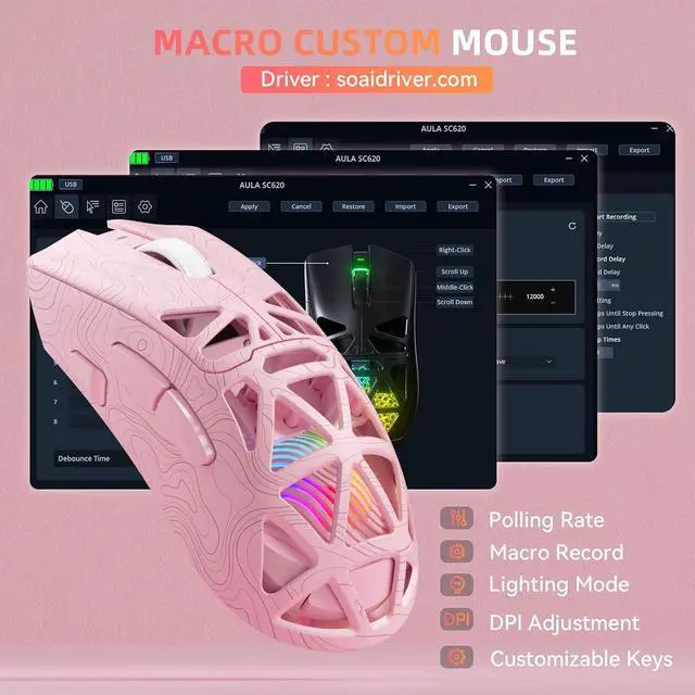 Alt view image 6 of 7 - Aula SC620 Wireless Gaming Mouse, Tri-Mode 2.4GHz/USB-C/BT5.3 Computer Mouse with 12000 DPI, Programmable Macro Gamer Mouse with Rapid Fire Key, RGB Light Gaming Mice for PC/Laptop/Mac (Line Pink)