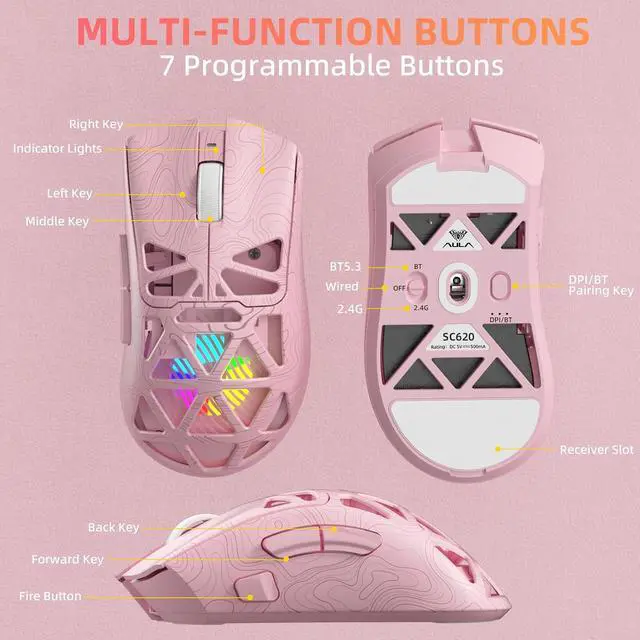 Alt view image 7 of 7 - Aula SC620 Wireless Gaming Mouse, Tri-Mode 2.4GHz/USB-C/BT5.3 Computer Mouse with 12000 DPI, Programmable Macro Gamer Mouse with Rapid Fire Key, RGB Light Gaming Mice for PC/Laptop/Mac (Line Pink)