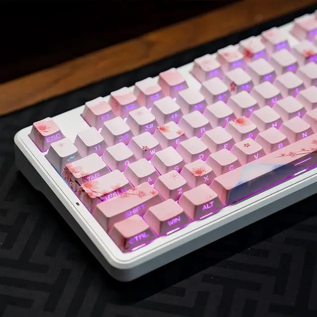 Alt view image 2 of 7 - Cherry Blossom Pink Keycaps,Side Printed Shine Through Keycap PBT Dye Sub Cherry Profile Cute Keycaps 127 Keys Custom Key Cap Set for Cherry MX Switches 60% 75% Mechanical Gaming Keyboard