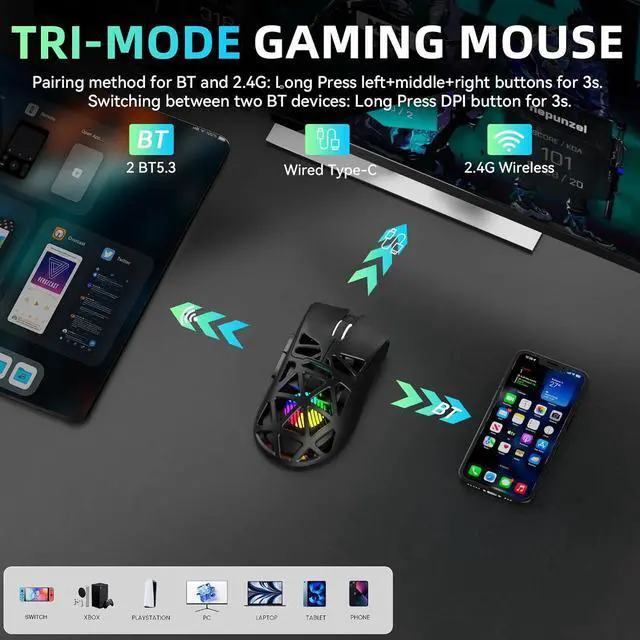 Alt view image 3 of 7 - Aula SC620 Wireless Gaming Mouse, Tri-Mode 2.4GHz/USB-C/BT5.3 Computer Mouse with 12000 DPI, Programmable Macro Gamer Mouse with Rapid Fire Key, RGB Light Gaming Mice for PC/Laptop/Mac(Black)