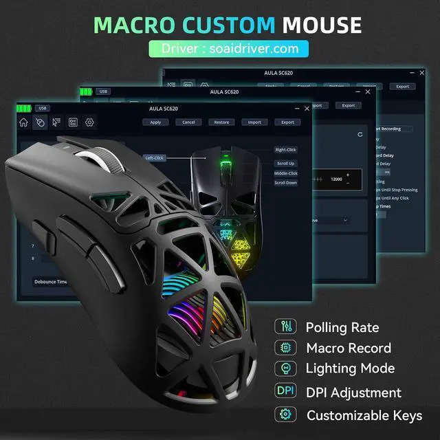 Alt view image 6 of 7 - Aula SC620 Wireless Gaming Mouse, Tri-Mode 2.4GHz/USB-C/BT5.3 Computer Mouse with 12000 DPI, Programmable Macro Gamer Mouse with Rapid Fire Key, RGB Light Gaming Mice for PC/Laptop/Mac(Black)