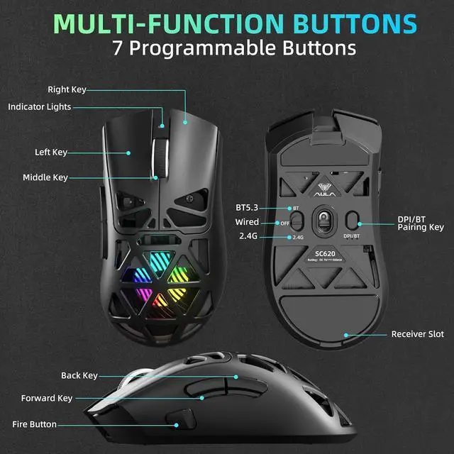 Alt view image 7 of 7 - Aula SC620 Wireless Gaming Mouse, Tri-Mode 2.4GHz/USB-C/BT5.3 Computer Mouse with 12000 DPI, Programmable Macro Gamer Mouse with Rapid Fire Key, RGB Light Gaming Mice for PC/Laptop/Mac(Black)