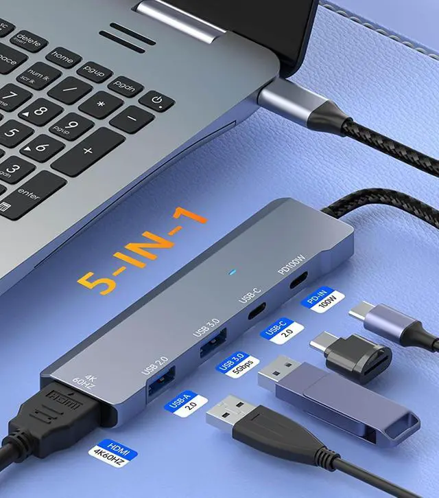 Alt view image 2 of 7 - USB C Hub, USB C to HDMI Adapter 4K@60Hz, USB Type C Adapter Dongle with 100W PD, 5Gb USB-A &C Ports, Docking Station Compatible for MacBook Pro, XPS, Switch, Steam Deck