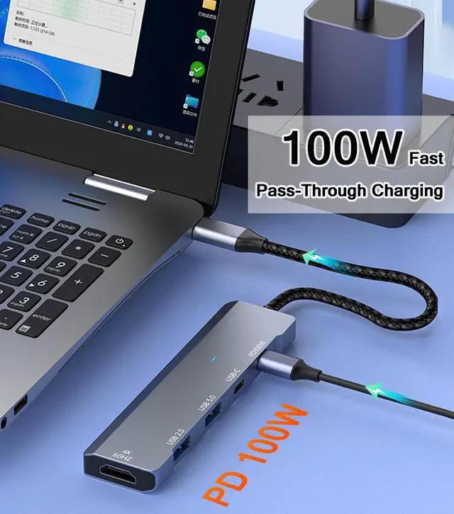 Alt view image 5 of 7 - USB C Hub, USB C to HDMI Adapter 4K@60Hz, USB Type C Adapter Dongle with 100W PD, 5Gb USB-A &C Ports, Docking Station Compatible for MacBook Pro, XPS, Switch, Steam Deck