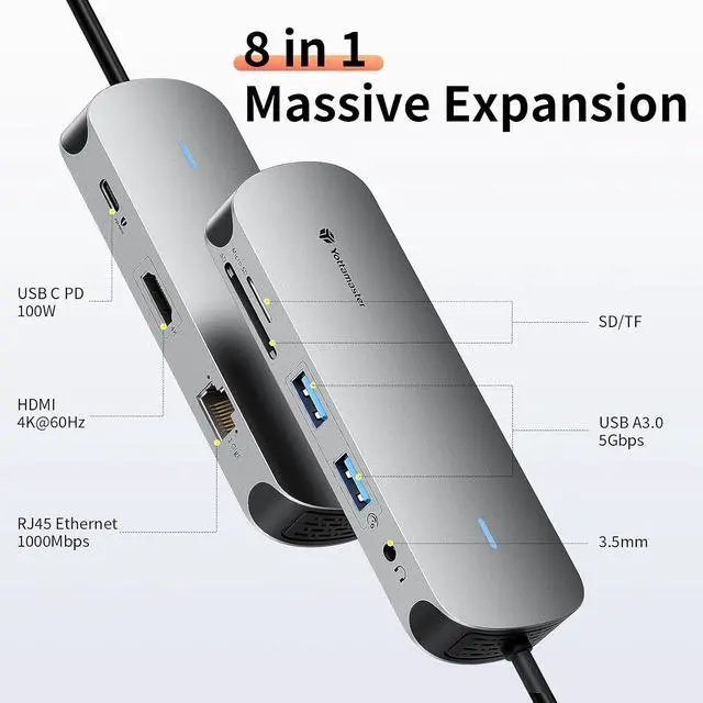 Alt view image 2 of 7 - USB C Docking Station 4K@60Hz HDMI for MacBook/Dell/HP/Surface | 8 in 1 Laptop Dock Station with HDMI, 100W PD 3.0, 2 USB A, RJ45, SD/TF, Audio, Portable Adapter for Photography & Work