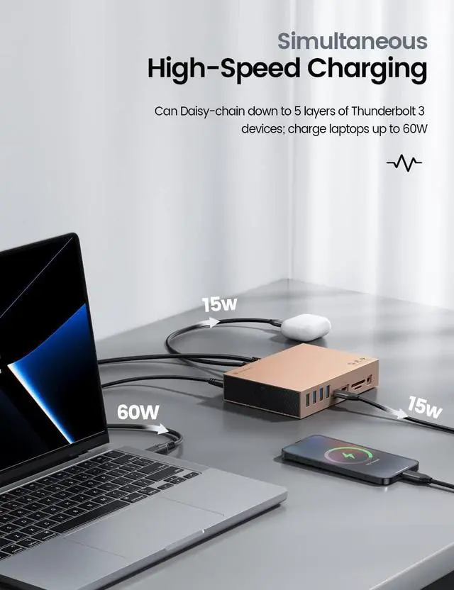 Alt view image 5 of 7 - Thunderbolt 3 Docking Station 8K Display for Windows and Mac | 15-in-1 40Gbps Laptop Dock with Dual Thunderbolt 3 Ports, 60W PD, 7 USB Ports, Gigabit Ethernet, SD/TF, S/PDIF, Audio
