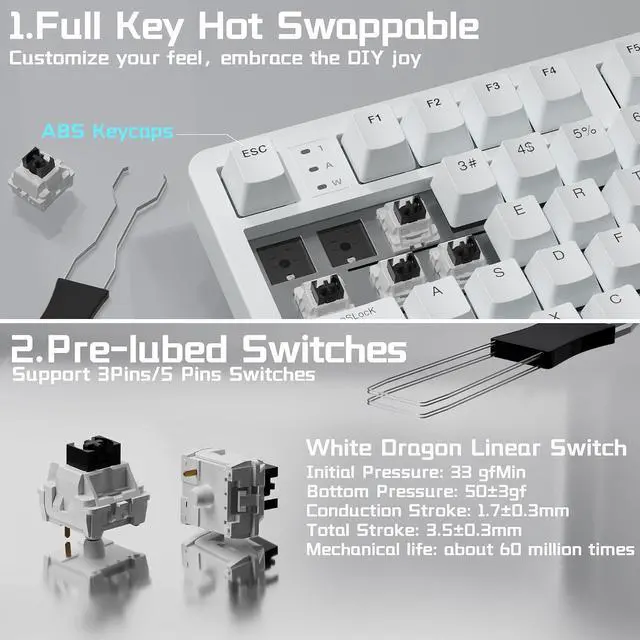Alt view image 5 of 7 - LEOBOG HI98C Pro Wireless Mechanical Gaming Keyboard, Tri-Mode Wired/2.4G/BT5.0 Hot Swappable Aluminum Keyboards with Number Pad, RGB Backlit Gasket Mount White Custom Keyboard for PC Gaming & Office