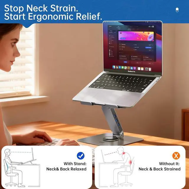 Alt view image 2 of 7 - 360 Rotating Laptop Stand with USB 3.0 Hub, Adjustable Ergonomic Computer Riser for Desk, 4-Port 5Gbps Docking Station, Heavy Duty Aluminum Holder for MacBook Pro/Air, Dell, HP 10-17"