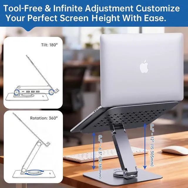 Alt view image 3 of 7 - 360 Rotating Laptop Stand with USB 3.0 Hub, Adjustable Ergonomic Computer Riser for Desk, 4-Port 5Gbps Docking Station, Heavy Duty Aluminum Holder for MacBook Pro/Air, Dell, HP 10-17"