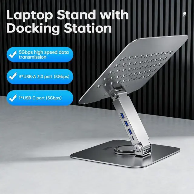 Alt view image 6 of 7 - 360 Rotating Laptop Stand with USB 3.0 Hub, Adjustable Ergonomic Computer Riser for Desk, 4-Port 5Gbps Docking Station, Heavy Duty Aluminum Holder for MacBook Pro/Air, Dell, HP 10-17"