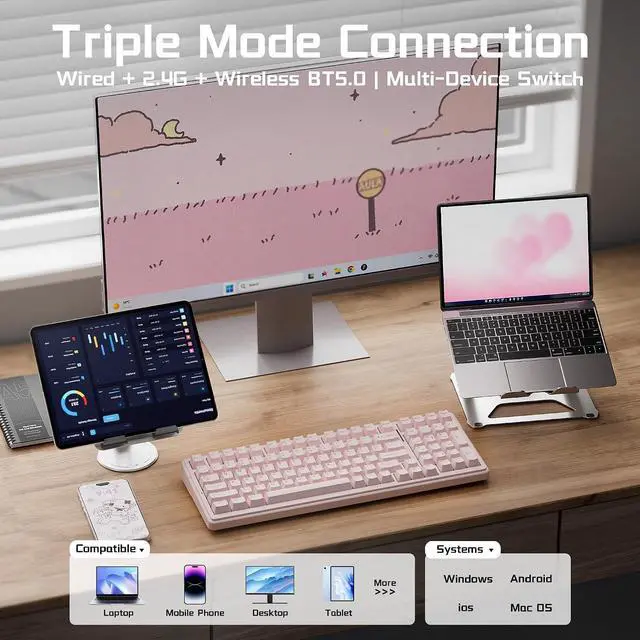 Alt view image 3 of 7 - Aula F99 Wireless Silent Mechanical Keyboard, Tri-Mode 2.4GHz/BT5.0/USB-C, Hot Swappable Custom Keyboard, Pre-lubed Linear Switches, Gasket Structure RGB Backlit, Pink Gaming Keyboards for PC/Laptop