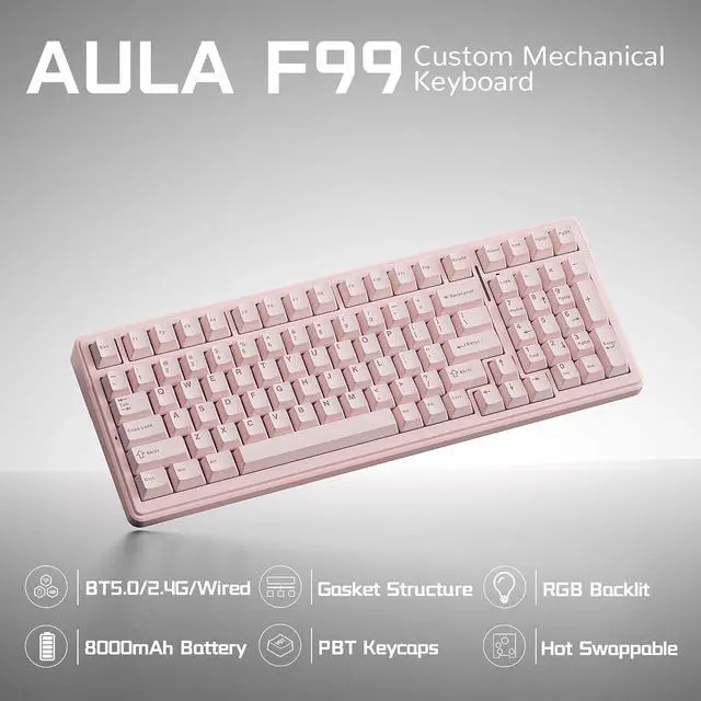Alt view image 2 of 7 - Aula F99 Wireless Silent Mechanical Keyboard, Tri-Mode 2.4GHz/BT5.0/USB-C, Hot Swappable Custom Keyboard, Pre-lubed Linear Switches, Gasket Structure RGB Backlit, Pink Gaming Keyboards for PC/Laptop