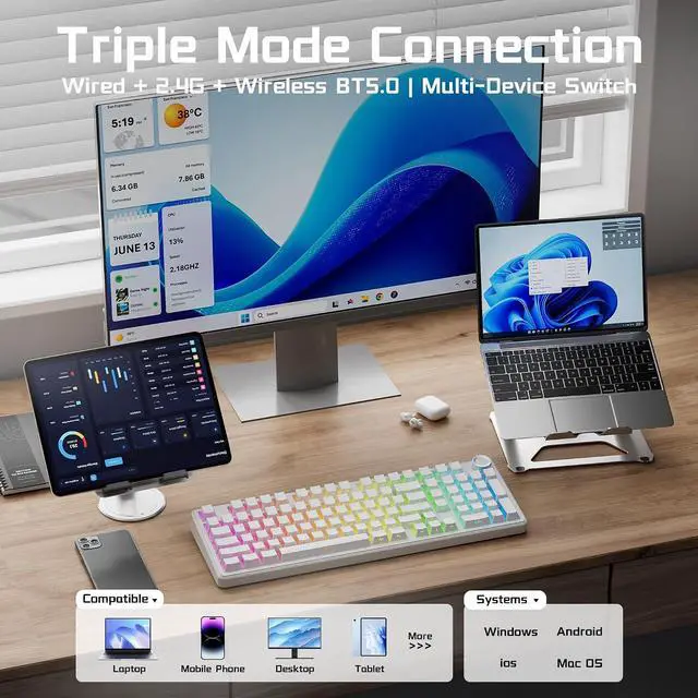 Alt view image 3 of 7 - Aula F99 Pro Wireless Silent Mechanical Keyboard with Knob,Tri-Mode 2.4GHz/BT5.0/USB-C Hot Swappable,Pre-lubed Linear Switches RGB Backlit,Gasket Mounted,White PC Gaming Keyboard for Win/Mac