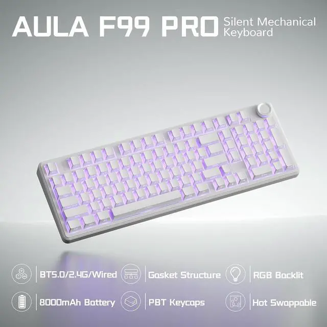 Alt view image 2 of 7 - Aula F99 Pro Wireless Silent Mechanical Keyboard with Knob,Tri-Mode 2.4GHz/BT5.0/USB-C Hot Swappable,Pre-lubed Linear Switches RGB Backlit,Gasket Mounted,White PC Gaming Keyboard for Win/Mac